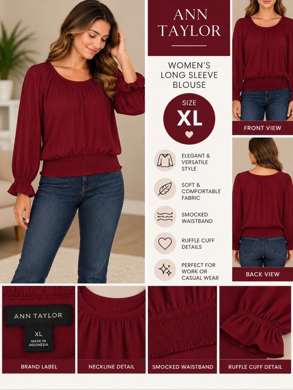 Ann Taylor Women's XL red long sleeve blouse #31